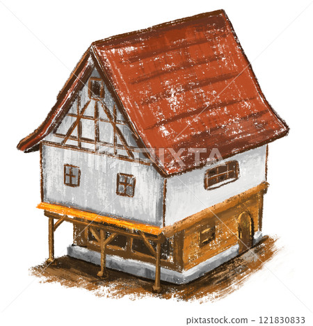 Artistic textured cabin isolated illustration, red roof cabin detailed drawing, wooden house graphic 121830833