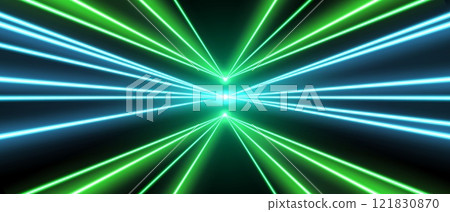 Laser rays or beams, glowing neon lines, bright futuristic background. Motion or speed light effect. 121830870