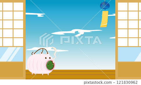Illustration of a Japanese summer landscape: Wind chimes and mosquito coils 121830962