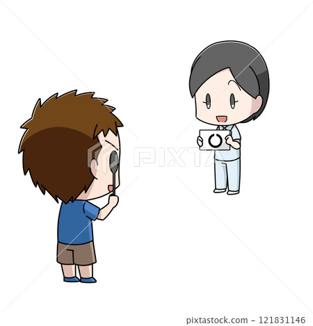 男孩使用卡片式桌子進行視力測試的插圖 男孩使用卡片式桌子進行視力測試的插圖 121831146