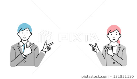 男性和女性商務人士指著複製空間的插圖 121831150