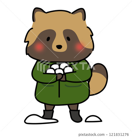 一隻浣熊穿著冬衣打雪仗，正在打雪仗 121831276