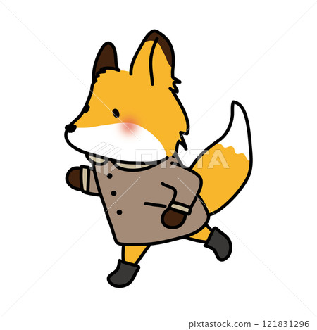 A fox running in a collared coat in winter 121831296
