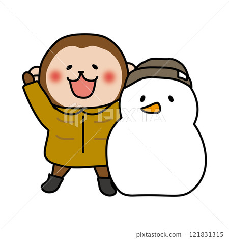 Monkey and snowman in winter clothes 121831315