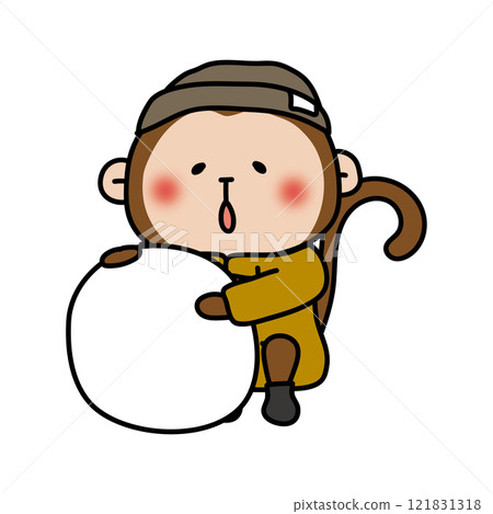 Monkey making a snowman in winter clothes 121831318