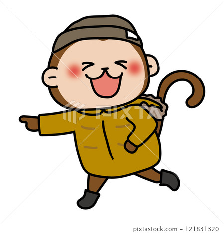 A monkey running in a down coat in winter A monkey running in a down coat in winter 121831320