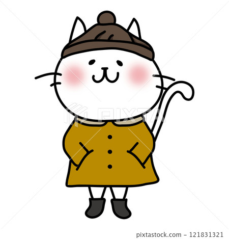 White cat in winter clothes with a collared coat 121831321