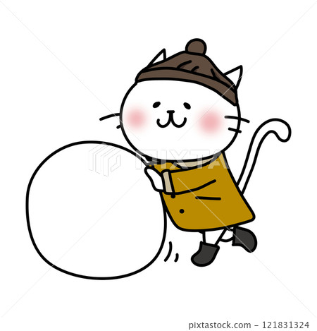 White cat making a snowman in winter clothes White cat making a snowman in winter clothes 121831324