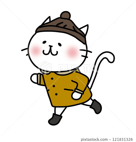 冬天，一隻白貓穿著有領外套奔跑 121831326