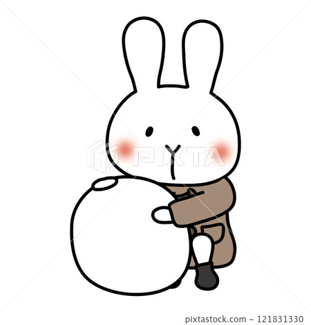 White rabbit making a snowman in winter clothes 121831330