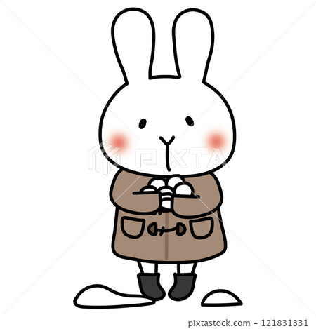 White rabbit in winter clothes making a snowball for a snowball fight 121831331
