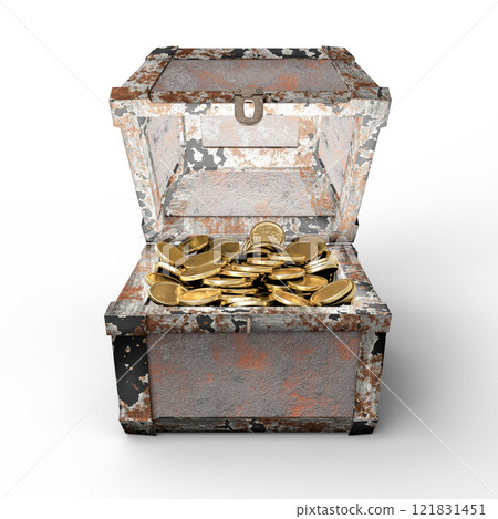 Rustic Treasure Chest Filled With Glimmering Gold Coins 121831451