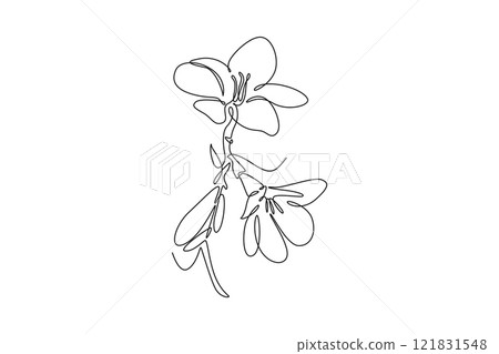 Single continuous line drawing beauty fresh freesia for garden logo. Decorative of herbaceous flower concept for home wall decoration poster print art. One line draw graphic design vector illustration 121831548