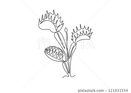 Single one line drawing of beauty fresh venus flytrap for home decor wall art poster print. Decorative dionaea muscipula plant for monster creature. Continuous line design graphic vector illustration 121831554
