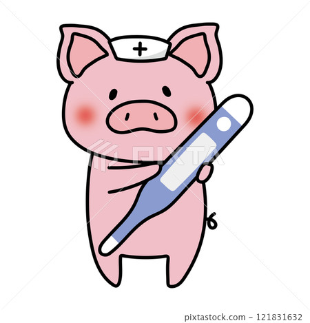A pig wearing a nurse's cap holding a large thermometer 121831632