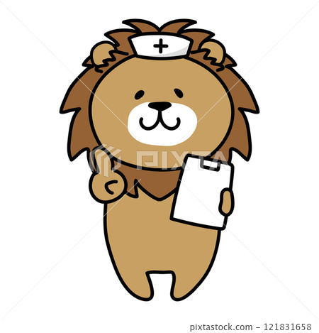 Lion wearing a nurse cap giving advice 121831658