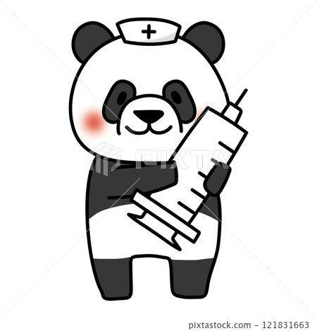 A panda wearing a nurse's cap holding a large syringe 121831663
