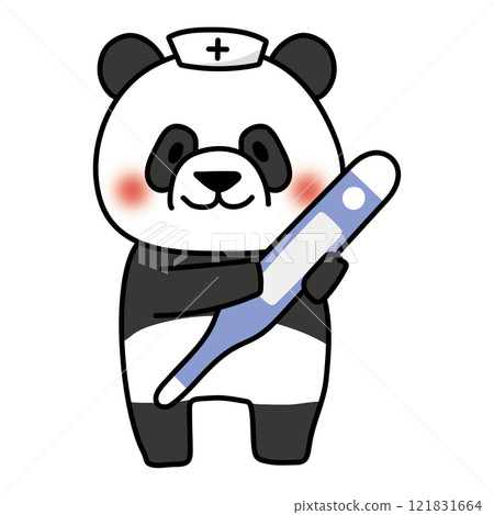 A panda wearing a nurse's cap holding a large thermometer 121831664