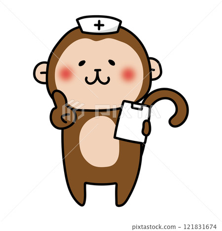 A monkey wearing a nurse cap giving advice 121831674