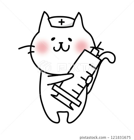 A white cat wearing a nurse cap holding a large syringe A white cat wearing a nurse cap holding a large syringe 121831675