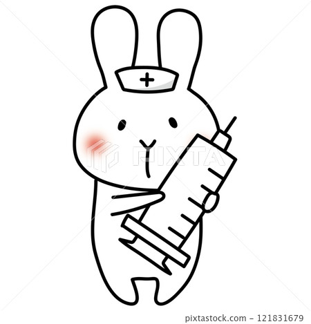 A white rabbit wearing a nurse's cap holding a large syringe 121831679