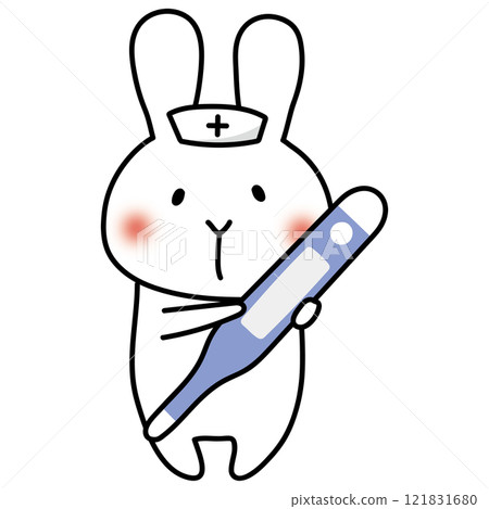 A white rabbit wearing a nurse's cap holding a large thermometer 121831680