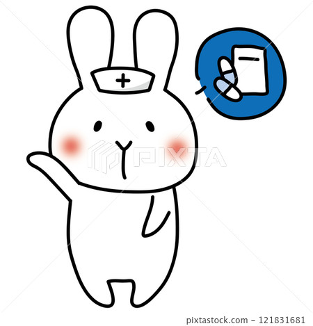A white rabbit wearing a nurse's cap explaining medicine 121831681