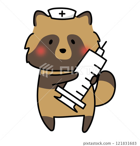 A raccoon wearing a nurse's cap holding a large syringe 121831683