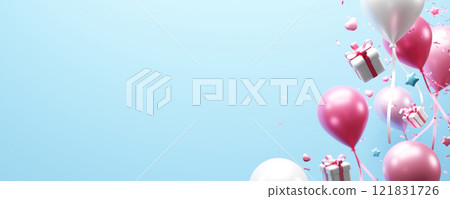 Valentines day banner concept design of gift box and balloon and heart with copy space 3D render Valentines day banner concept design of gift box and balloon and heart with copy space 3D render 121831726
