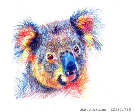 Colorful pencil drawing of a koala head portrait with vibrant blue nose and rainbow-hued fur, featuring whimsical artistic style and expressive red eyes. Wildlife Animals. 121831728