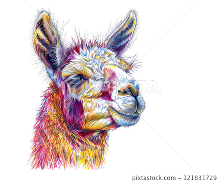 Colorful pencil drawing of a llama head portrait with detailed fur texture in prismatic hues of blue, pink, and yellow against white background. Wildlife Animals. 121831729