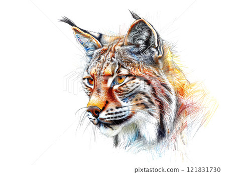 Colorful pencil drawing of a Iberian lynx head with detailed spotted fur pattern and piercing amber eyes in artistic style. Wildlife Animals. 121831730