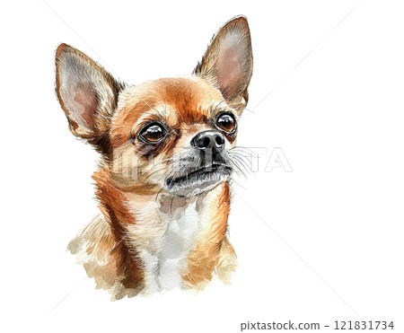 A charming watercolor painting of a Chihuahua with expressive eyes and a gentle smile. Perfect for pet-related content, animal lovers, and nature themes. Pet. Animals. 121831734