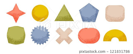 Textured sticker shape collection. Set of abstract dotted blank badges for price tag and sale promotion. Primitive geometric label element pack. Bright noise patch pack. Vector design elements 121831786