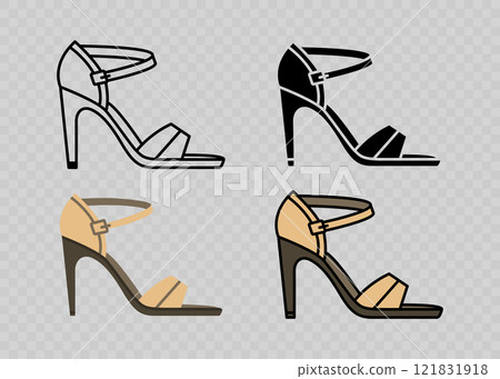 Flat Vector Linear Women's High-Heeled Sandals Icon Set Isolated. Sandals, Footwear Color Symbol Set, Design Template, Clipart. Vector Illustration 121831918