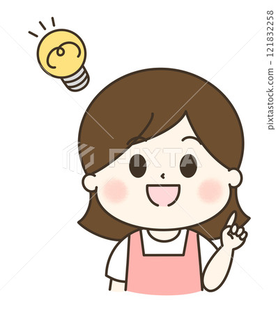 一個穿著圍裙的女人閃爍著燈泡的可愛插圖 一個穿著圍裙的女人閃爍著燈泡的可愛插圖 121832258