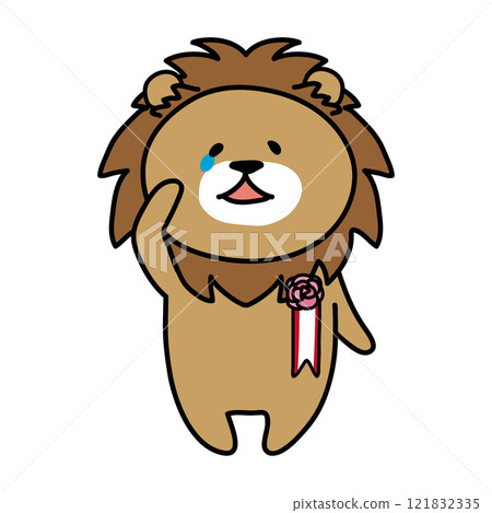 Crying lion with a corsage on his chest 121832335
