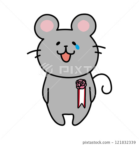 一隻哭泣的老鼠，胸前有胸花 121832339