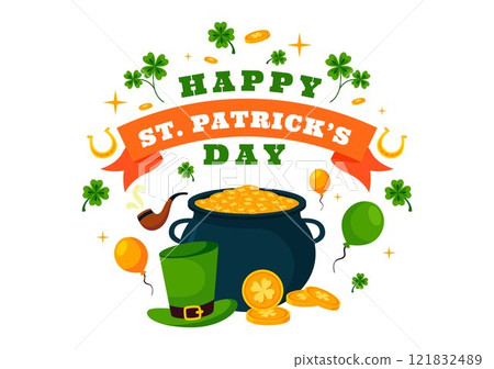 Happy St. Patrick's Day Vector Illustration on March 17 Featuring Golden Coins, a Green Hat, Beer, and Shamrocks in a Flat Style Cartoon Background 121832489