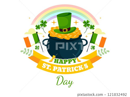 Happy St. Patrick's Day Vector Illustration on March 17 Featuring Golden Coins, a Green Hat, Beer, and Shamrocks in a Flat Style Cartoon Background 121832492