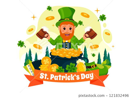 Happy St. Patrick's Day Vector Illustration on March 17 Featuring Golden Coins, a Green Hat, Beer, and Shamrocks in a Flat Style Cartoon Background 121832496