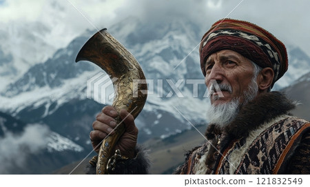 Georgian Man in Traditional Chokha Attire Holding a Horn Against Majestic Mountain Landscape 121832549