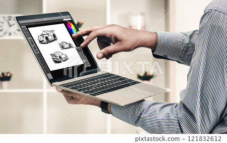 Electric car design software on computer screen show simulation blueprint snugly 121832612