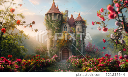 Fantasy Flowers Castle landscape in fairy garden. Medieval tower ruin surrounded real impressionist garden . 121832644