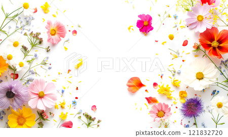 Mixed Flowers explosion on white background. Flowers composition Creative layout. Flat lay, top view, copy space. 121832720
