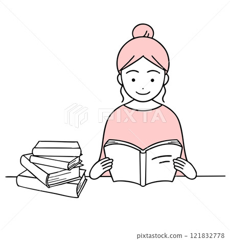 A woman enjoying reading next to a pile of books A woman enjoying reading next to a pile of books 121832778