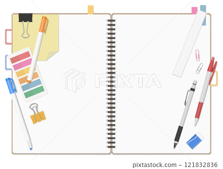 Stationery and notebook set, simple blank ring notebook, double page spread 121832836