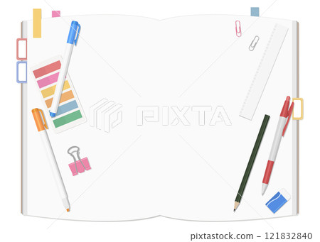 Stationery and notebook set, simple blank notebook, double page spread 121832840