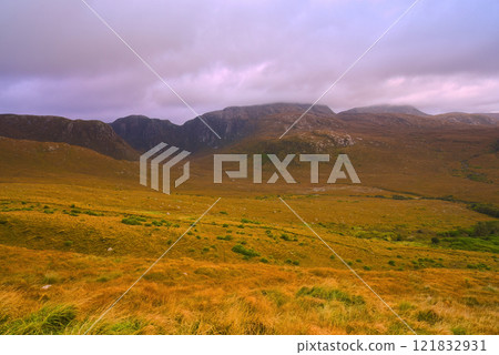 Glenveagh National Park in Donegal Ireland aerial view - The breathtaking landscape features rolling 121832931