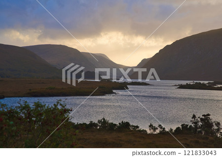 Glenveagh National Park in Donegal Ireland aerial view - The breathtaking landscape features rolling 121833043